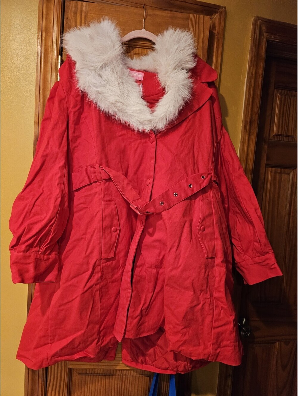 Sugar Thrillz Santa Baby faux Fur belted trench coat women plus size 3x red new